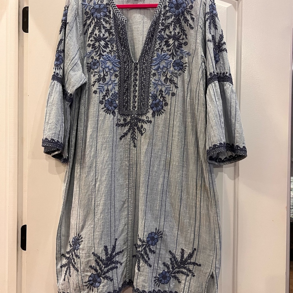 Johnny Was Striped Shirt with Blue Embroidered Trim